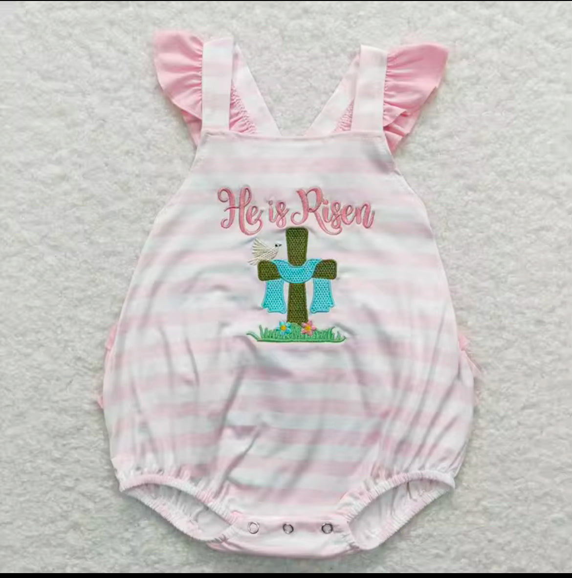 Baby Girl’s “He is Risen” Embroidered Romper