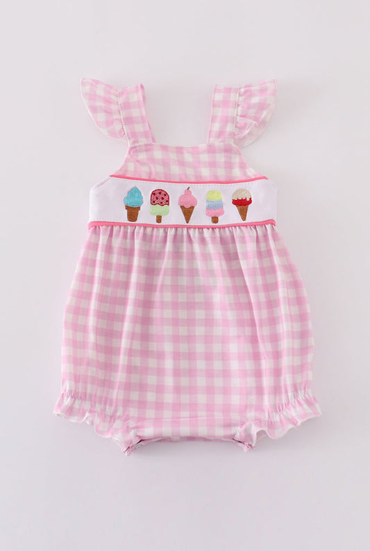 Girl’s Pink Ice Cream Embroidered Gingham Bubble