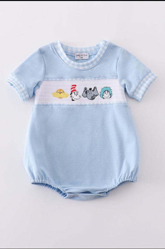 Blue Dr. Seuss Embroidery Smocked Boy’s Bubble
