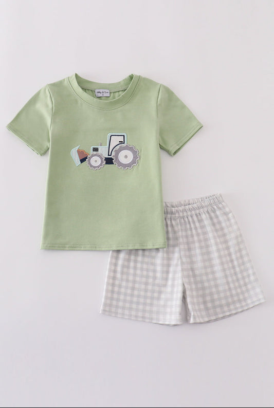 Boy’s Green Excavator Appliqué Shorts Set