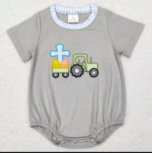 Baby Boy’s Embroidered “Crucifix in Tractor” Romper