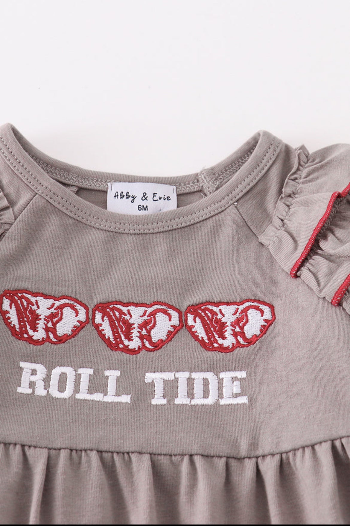 Girl’s Grey Roll Tide Embroidered Ruffle Romper