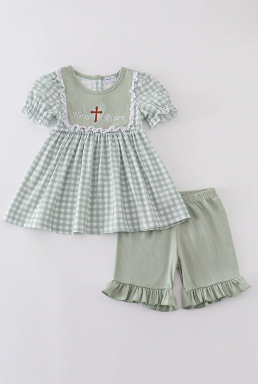 Girl’s Cross “He is Risen” Embroidered Short Set