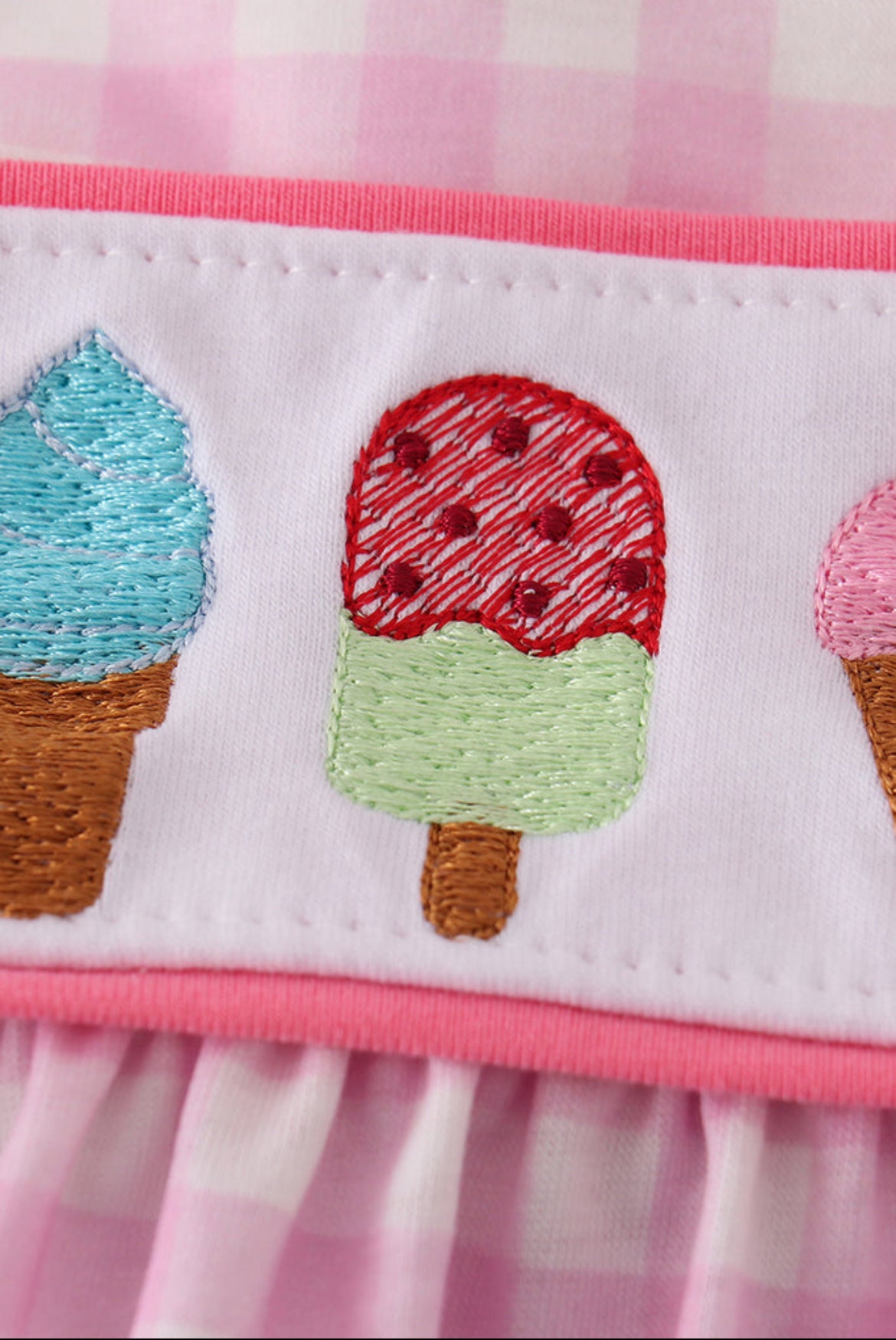 Girl’s Pink Ice Cream Gingham Embroidered Bloomer Set