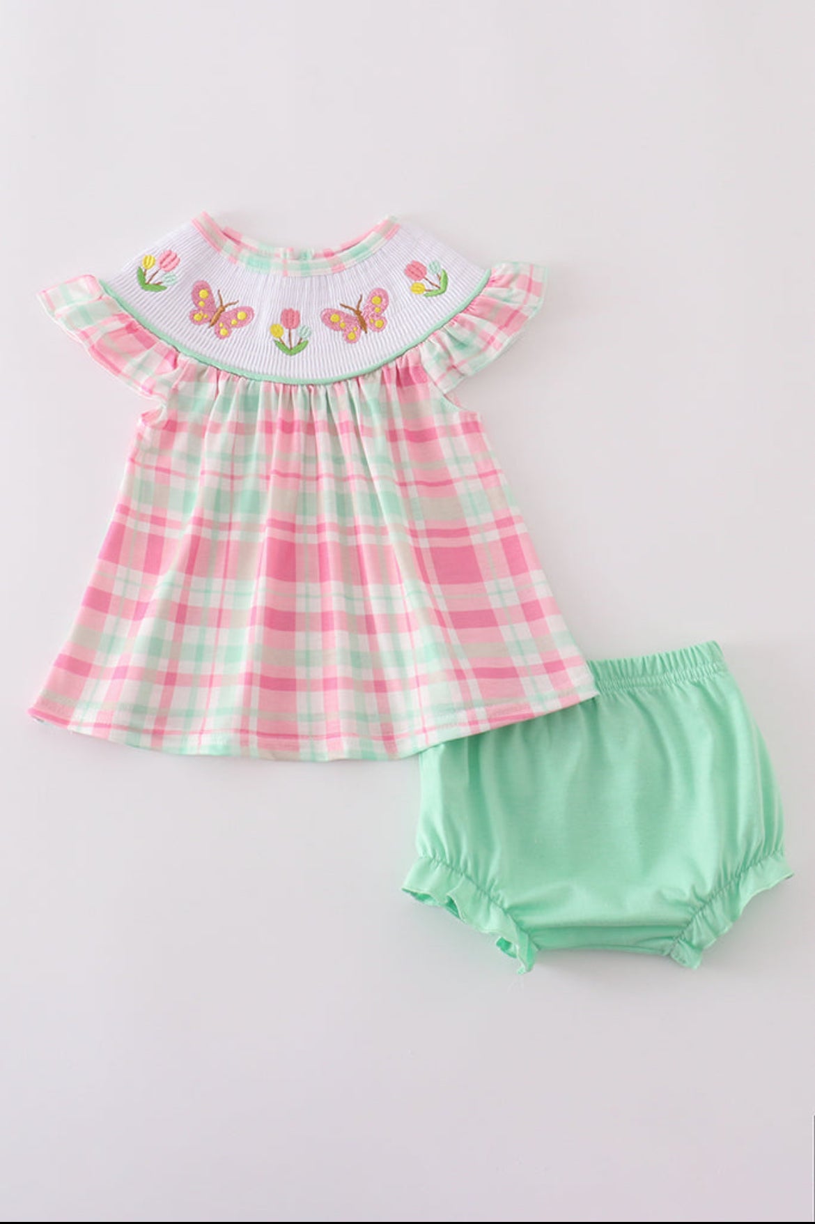 Pink Floral Butterfly Embroidery Smocked Plaid Bloomer Set