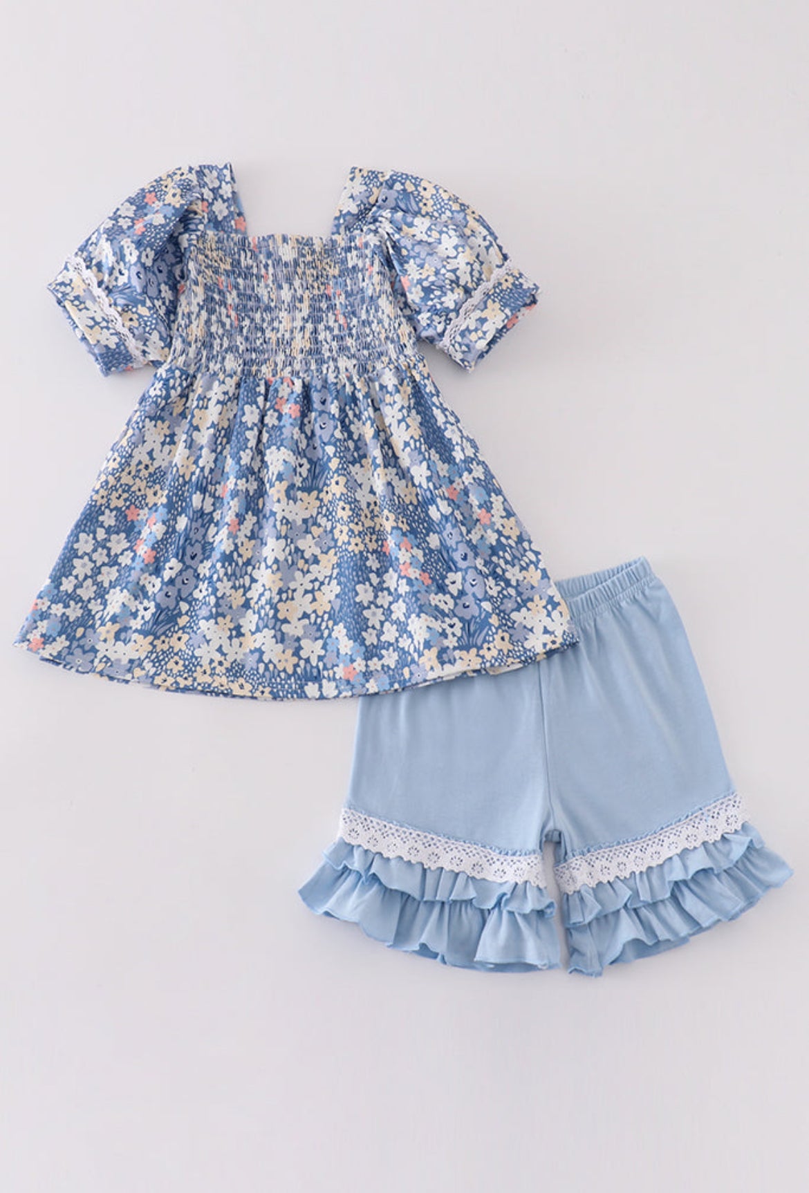 Girl’s Blue Delicate Floral Smocked Short Set