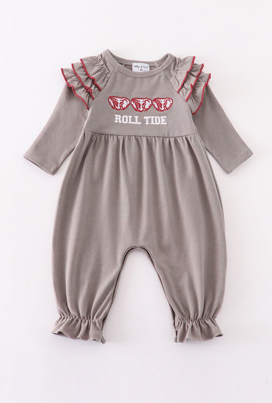 Girl’s Grey Roll Tide Embroidered Ruffle Romper