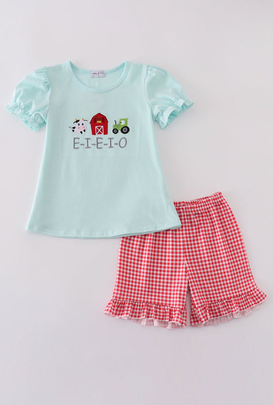 Girl’s Blue Farm Embroidery Shorts Set