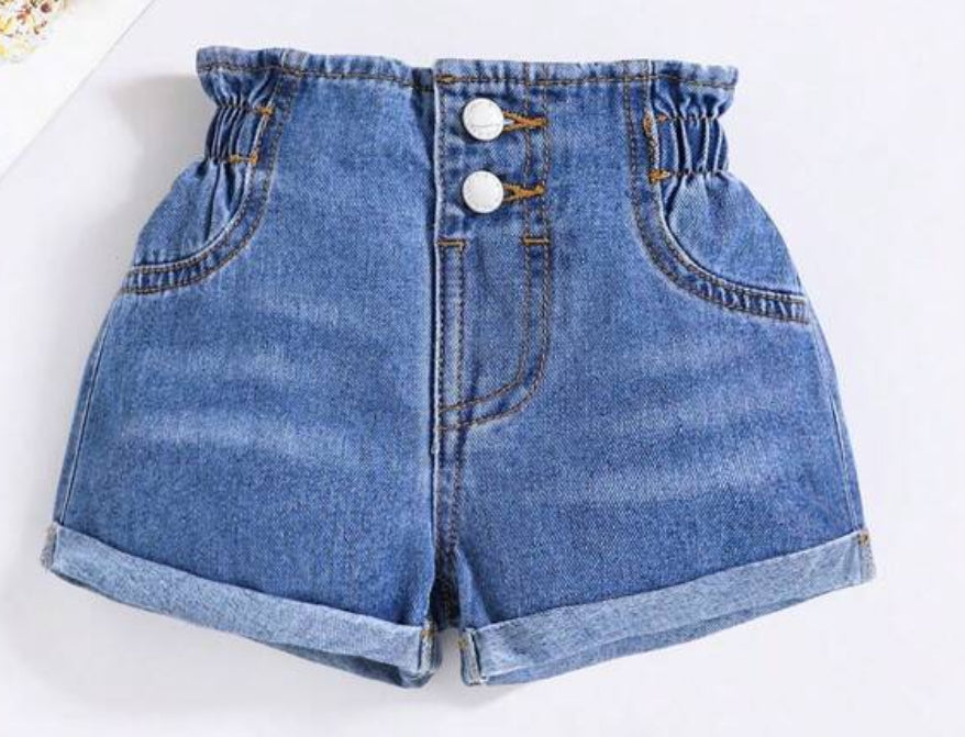 Girl’s Medium Wash High Waisted Ruffled Denim Shorts