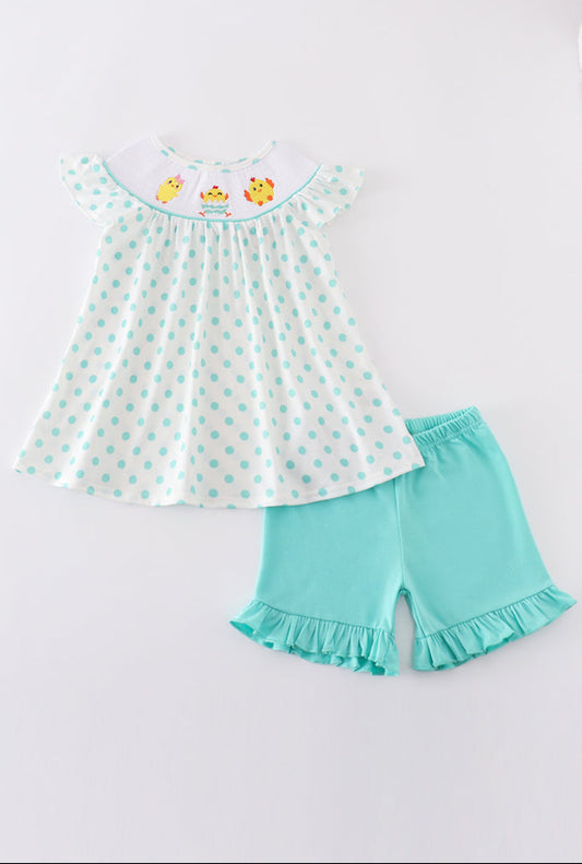 Dot Chicken Embroidery Smocked Set