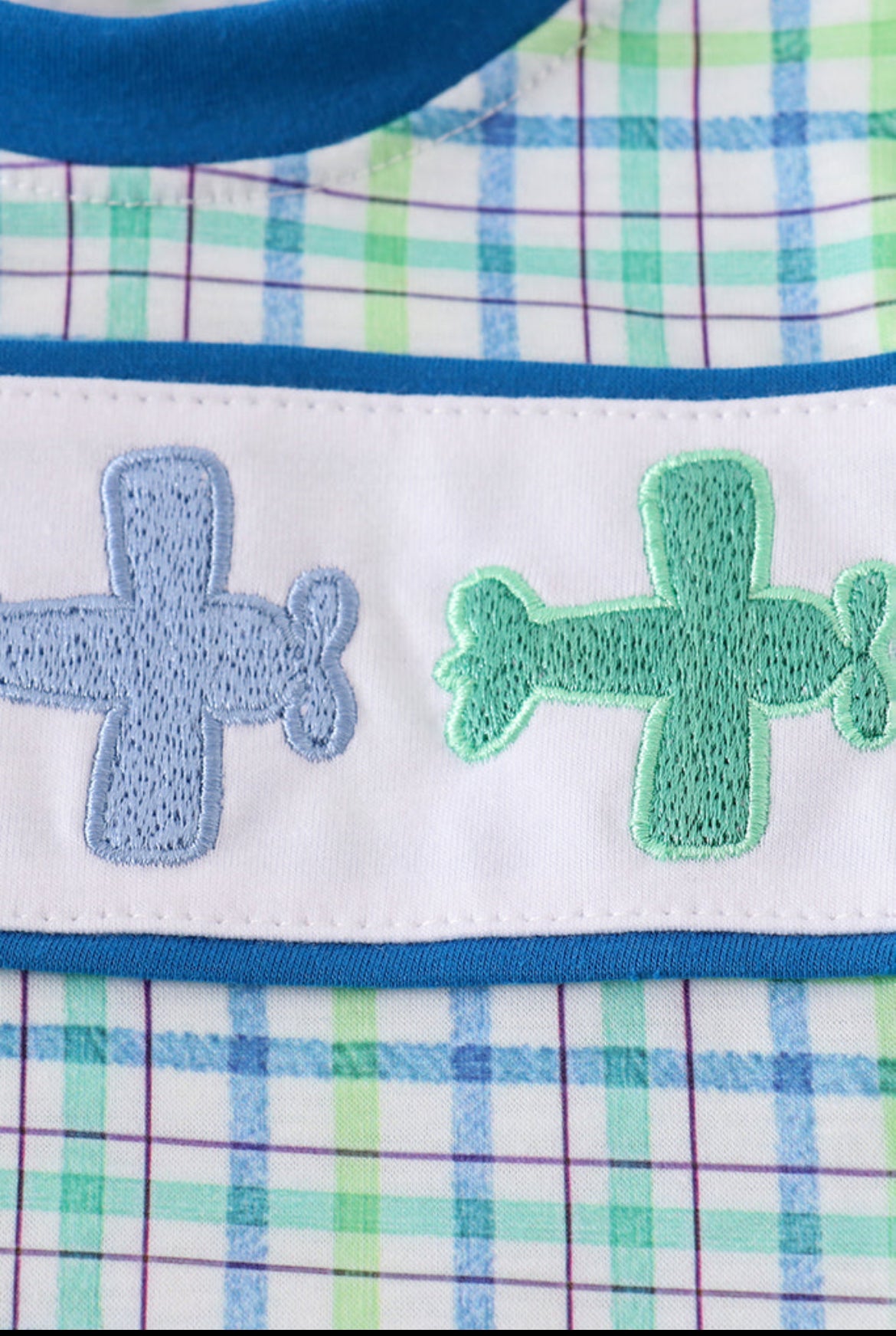 Blue Plaid Airplane Embroidery Boy’s Bubble