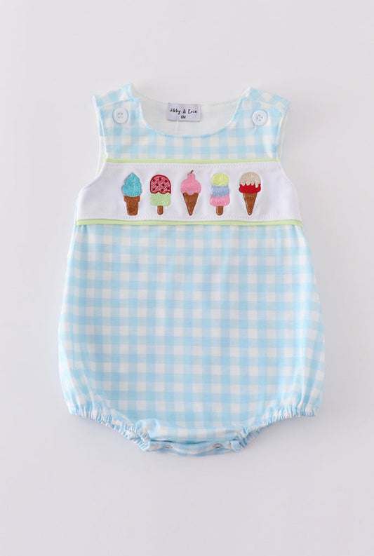 Boy’s Blue Ice Cream Embroidered Gingham Romper