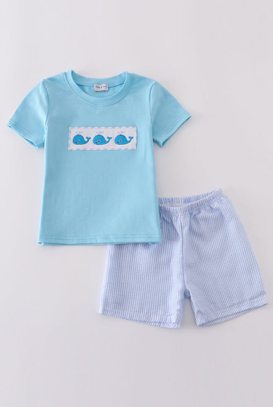 Boy’s Blue Seersucker Whale Embroidery Short Set