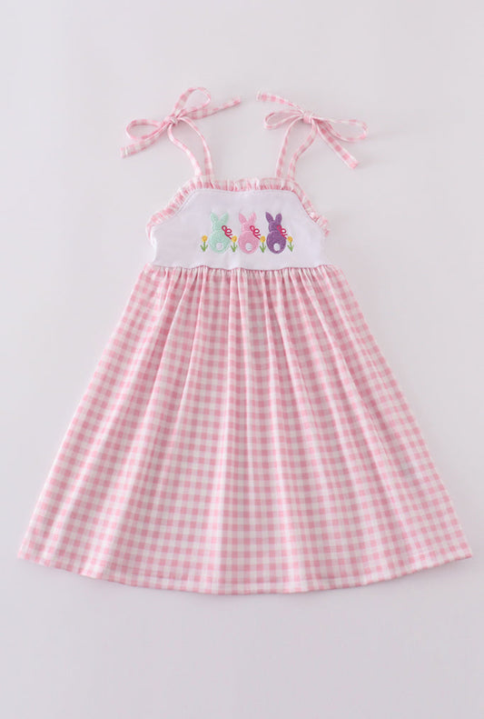 Girl’s Pink Bunny Embroidered Gingham Dress