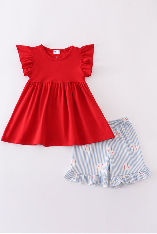 Girl’s Red Striped Baseball Short Set