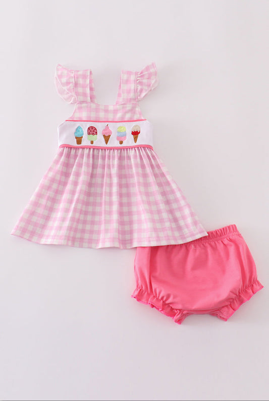 Girl’s Pink Ice Cream Gingham Embroidered Bloomer Set