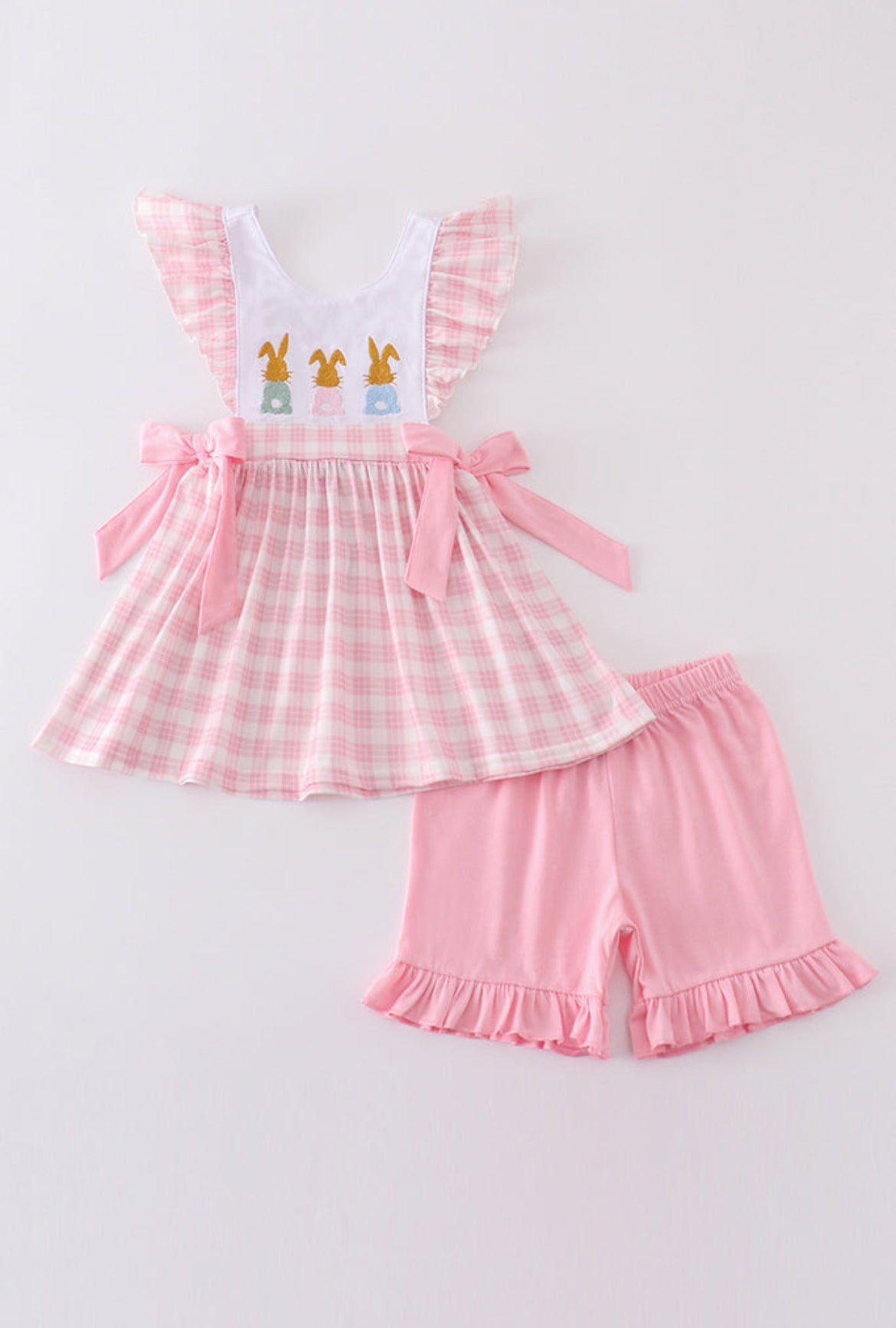 Girl’s Pink Bunny Embroidered Bow Short Set