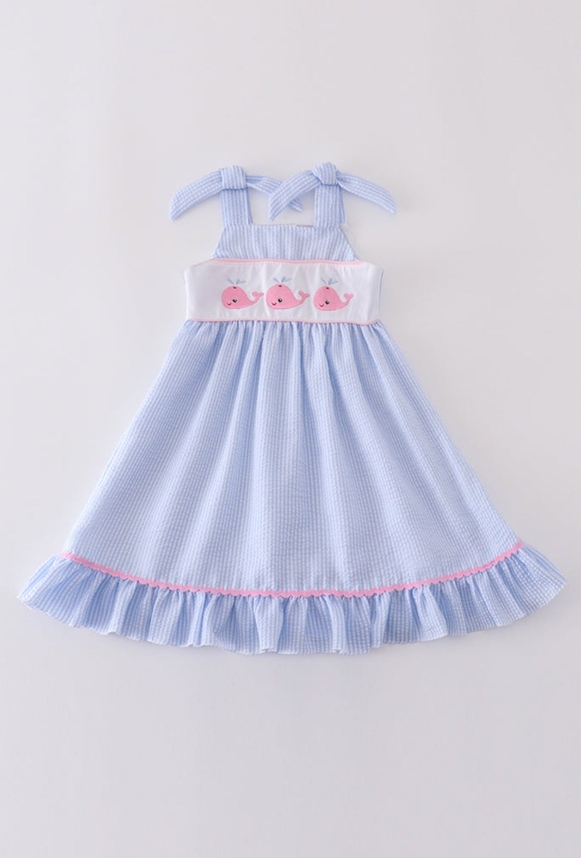 Girl’s Blue Seersucker Whale Embroidery Dress