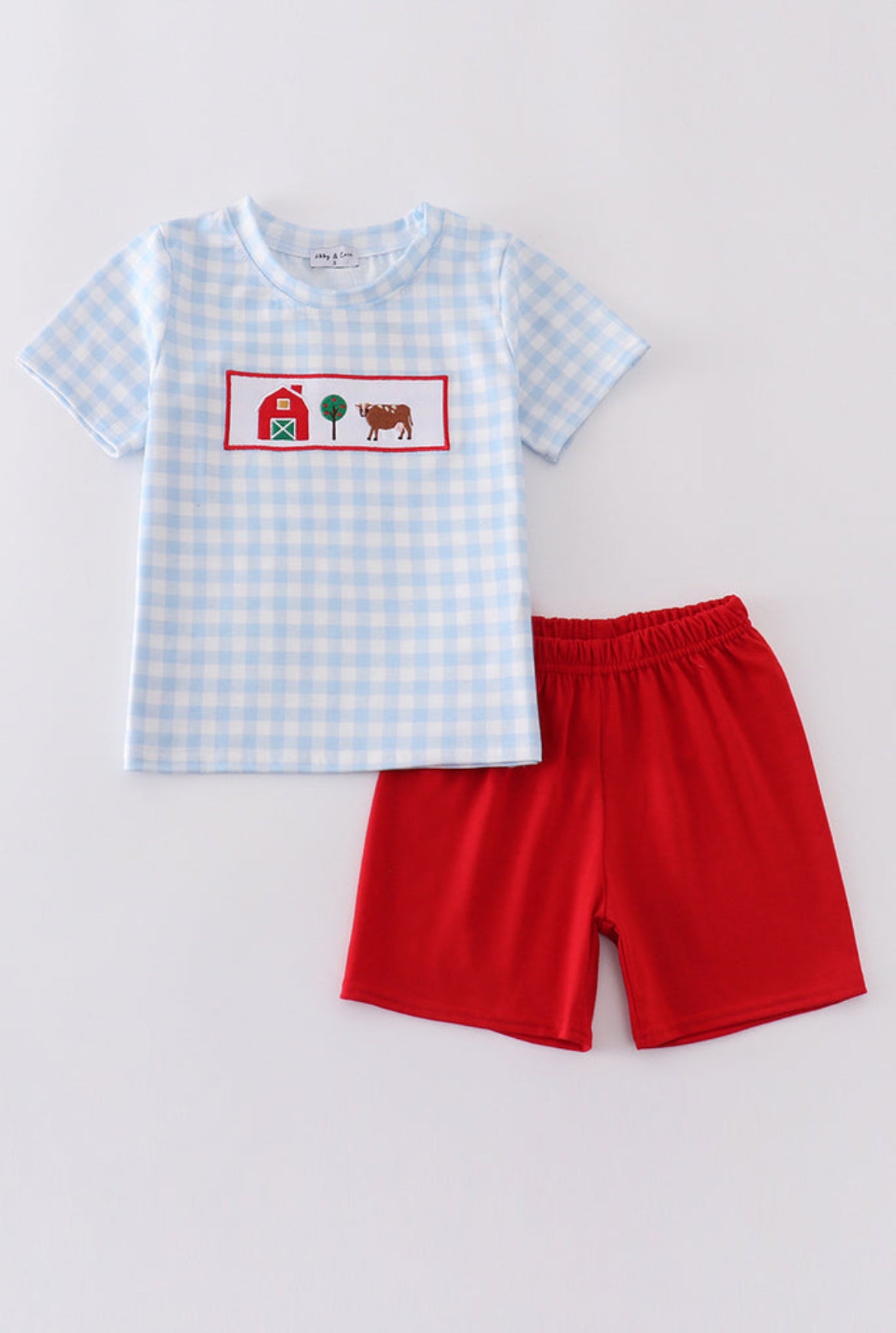 Boy’s Blue Farm Embroidery Gingham Shorts Set