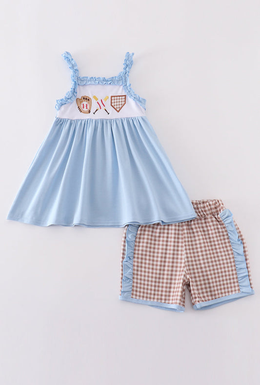 Girl’s Blue Baseball Appliqué Short Set