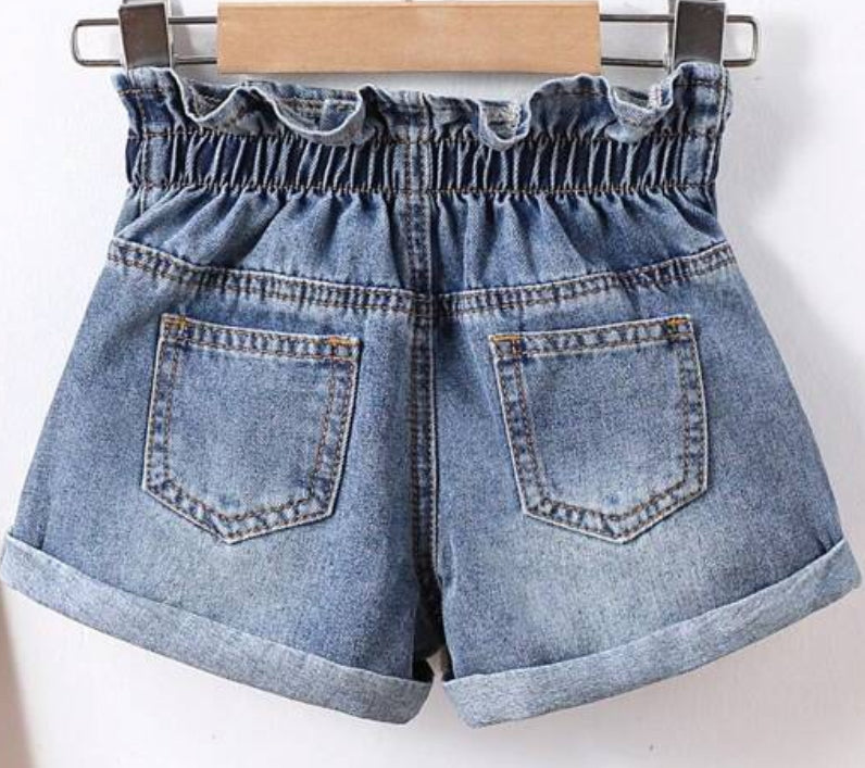 Girl’s High Waisted Light Wash Denim Shorts with Ruffled Waist