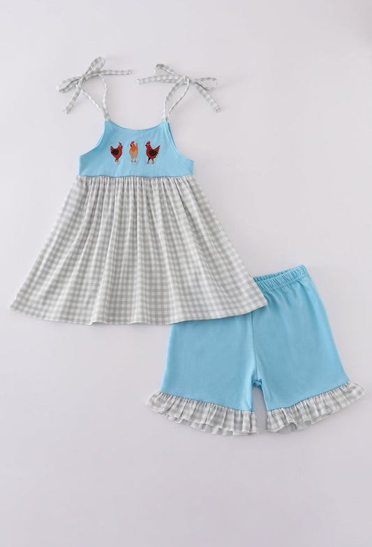 Blue Farm Chicken Embroidery Girl’s Short Set