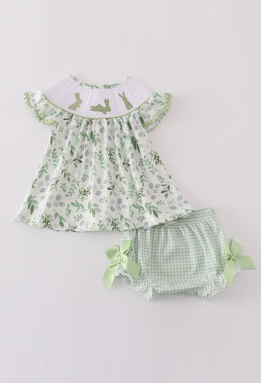 Girl’s Sage Leaf Bunny Embroidered Smocked Bloomer Set