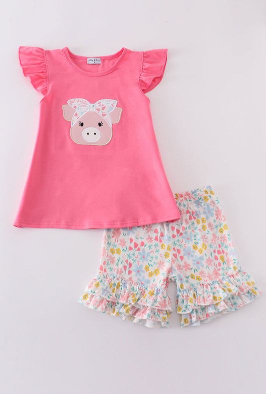 Girl’s “Pink Pig” Appliqué Shorts Set