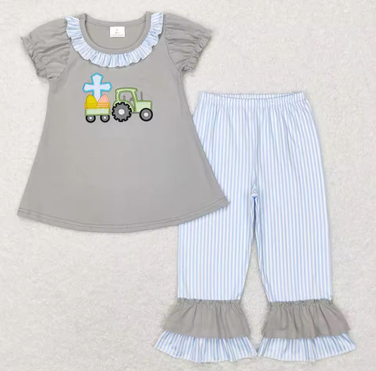 Girl’s Embroidered “Crucifix in Tractor” Shirt with Matching Pants Set