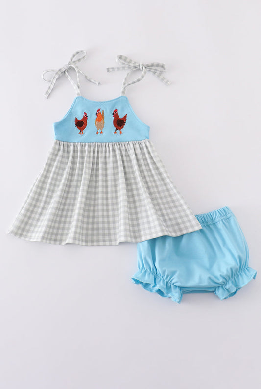 Blue Farm Chicken Embroidery Girl’s Bloomer Set