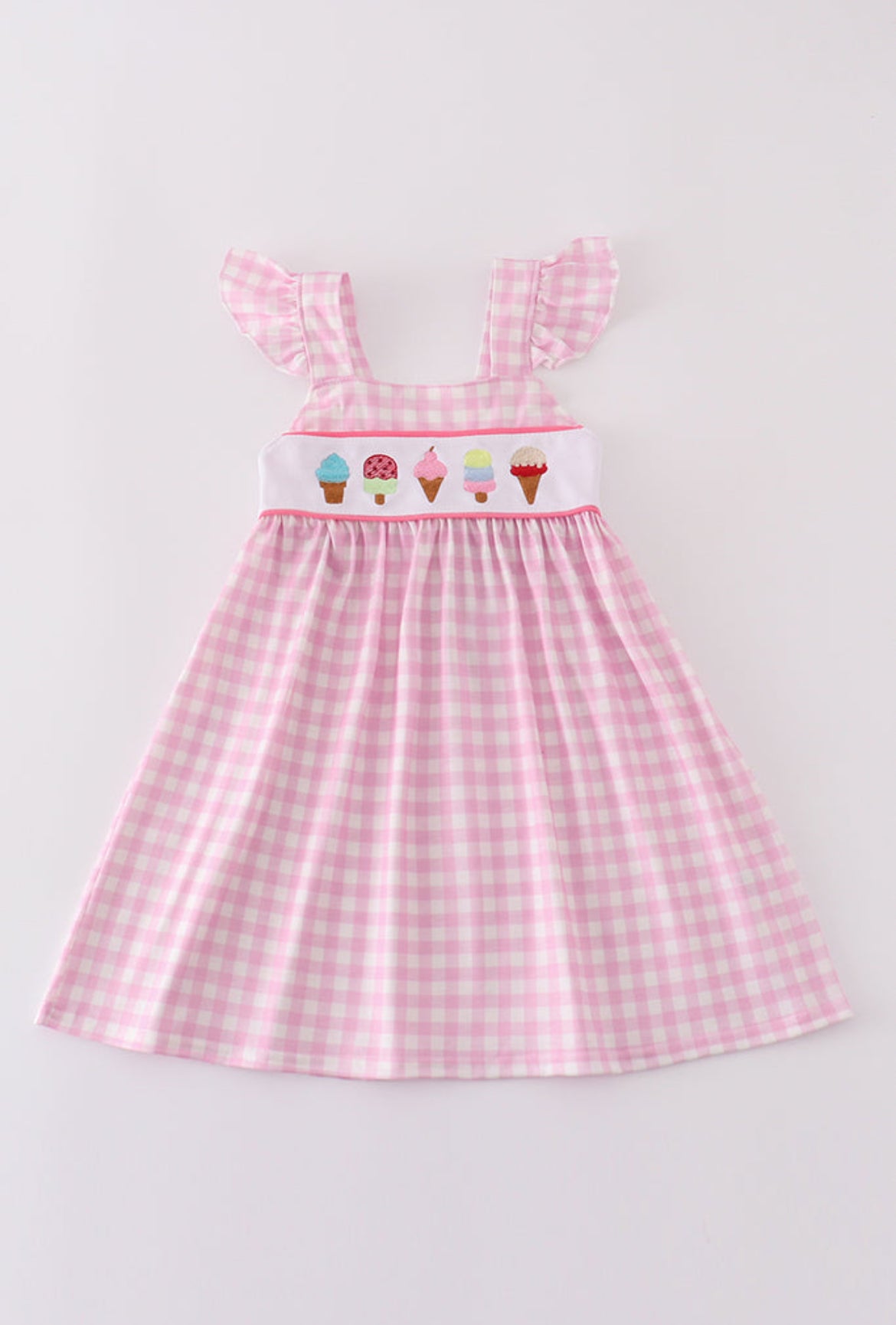 Girl’s Pink Ice Cream Embroidered Gingham Dress