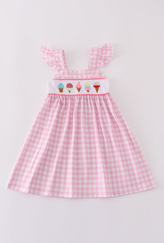 Girl’s Pink Ice Cream Embroidered Gingham Dress