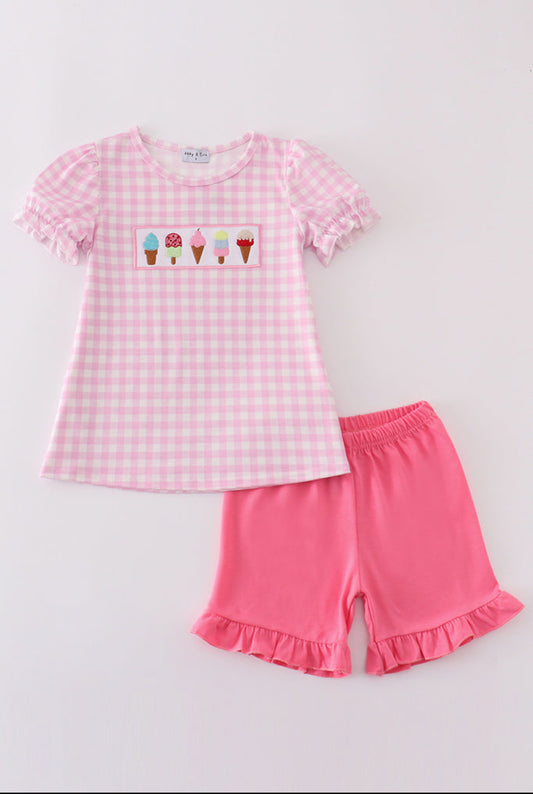 Girl’s Pink Ice Cream Embroidered Gingham Short Set