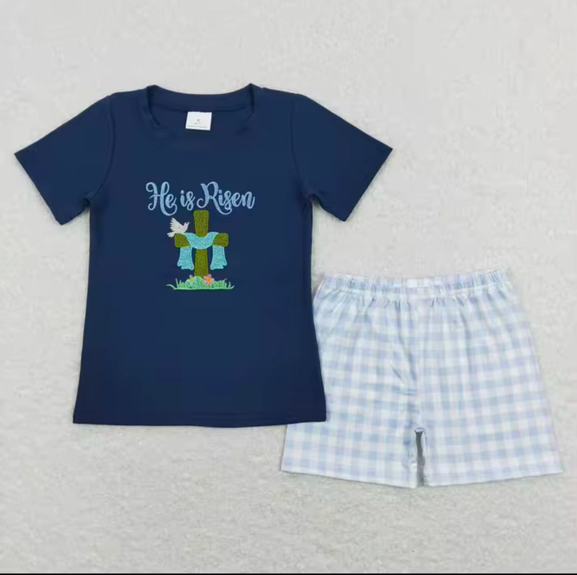 Boy’s “He is Risen” Embroidered Shirt with Shorts Set