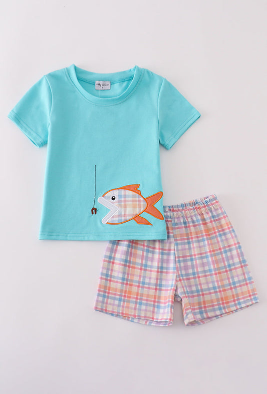 Blue Plaid Fish Embroidery Boy’s Short Set
