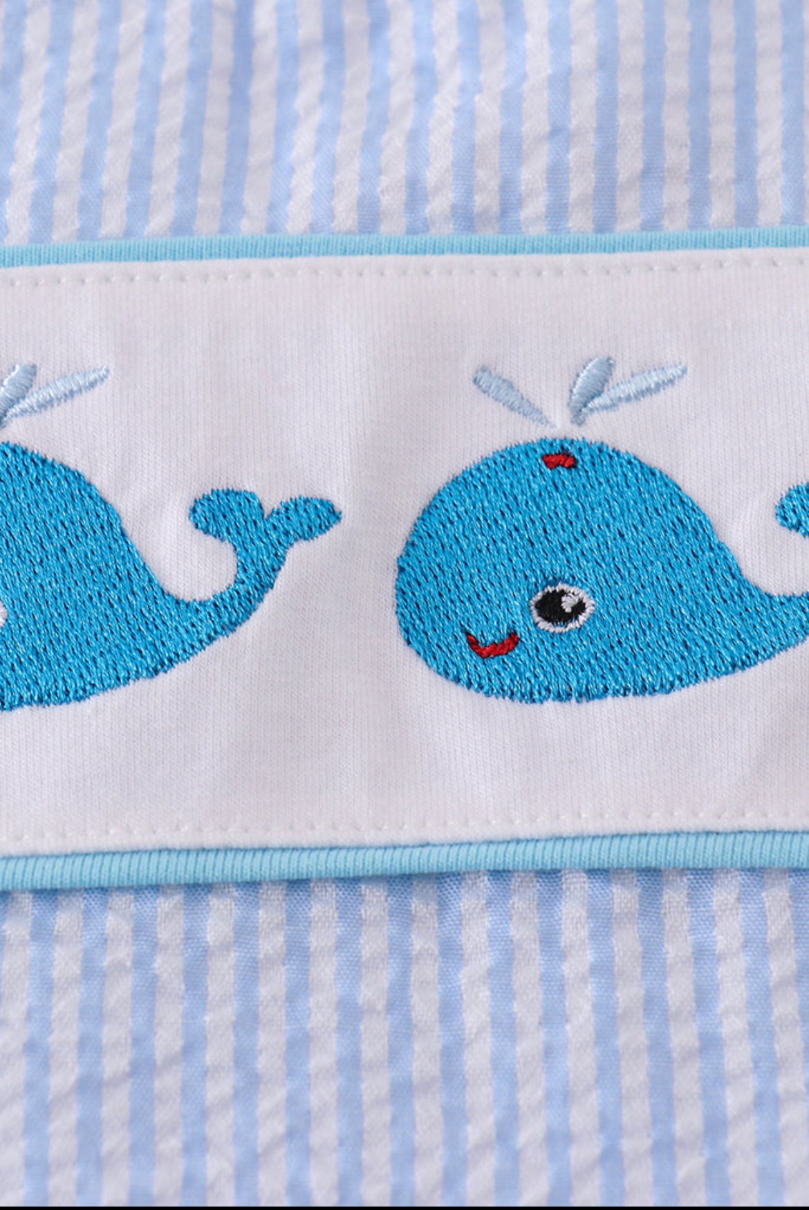 Boy’s Blue Seersucker Whale Embroidery Bubble