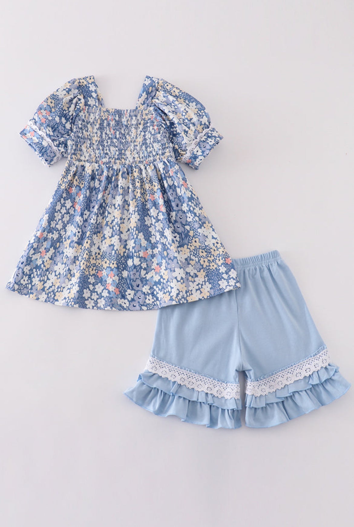 Girl’s Blue Delicate Floral Smocked Short Set