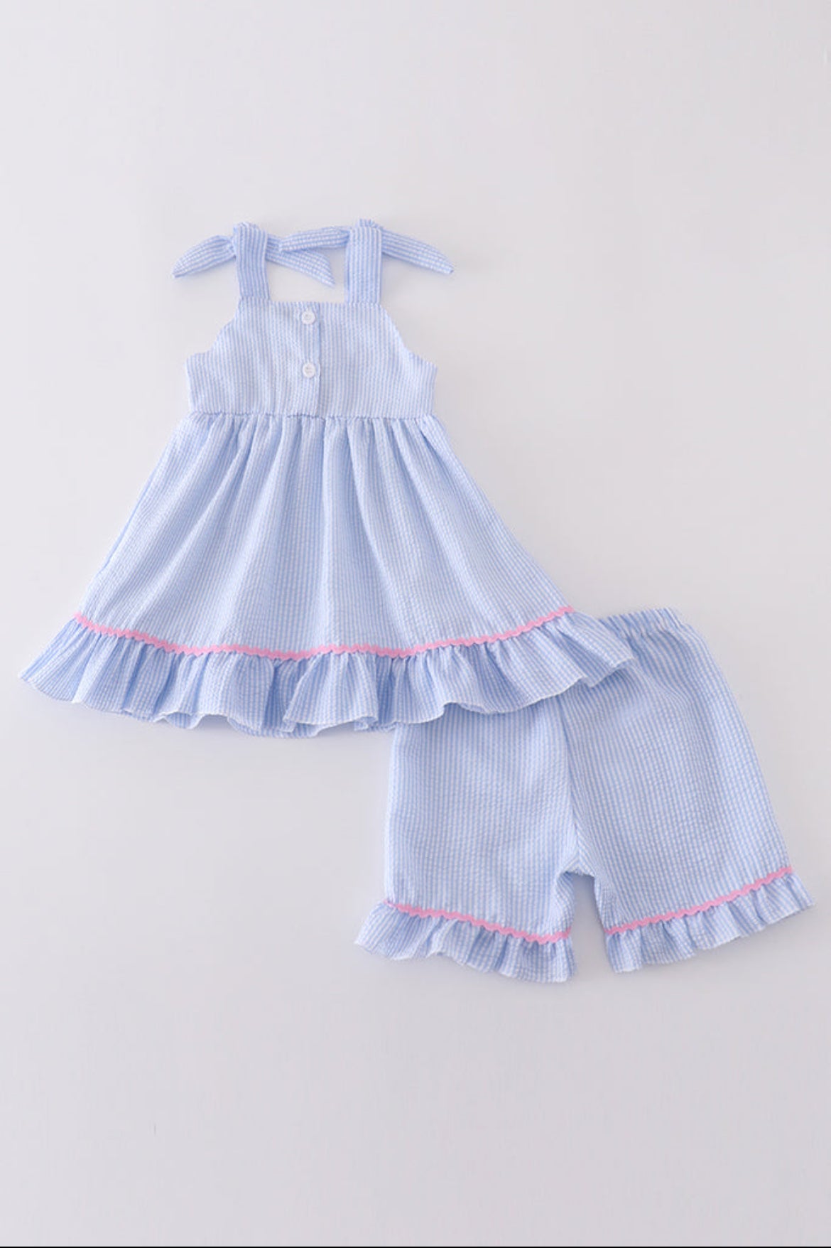 Girl’s Blue Seersucker Whale Embroidery Short Set