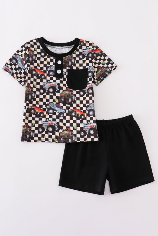 Boy’s Black Car Checkered Shorts Set