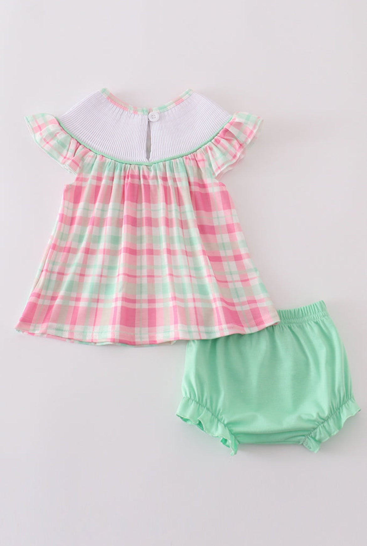 Pink Floral Butterfly Embroidery Smocked Plaid Bloomer Set