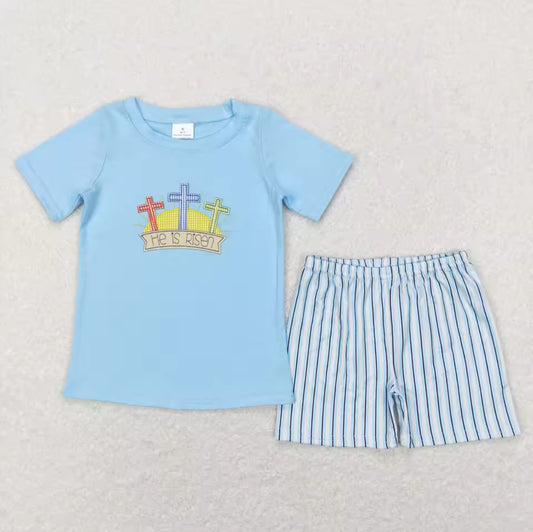 Boy’s Embroidered 3 Crosses with Striped Shorts Set