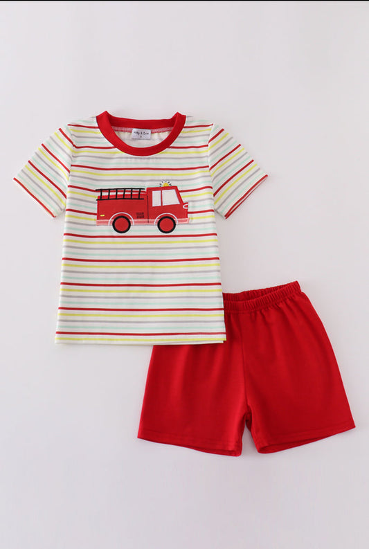 Boy’s Red Fire Truck Appliqué Shorts Set