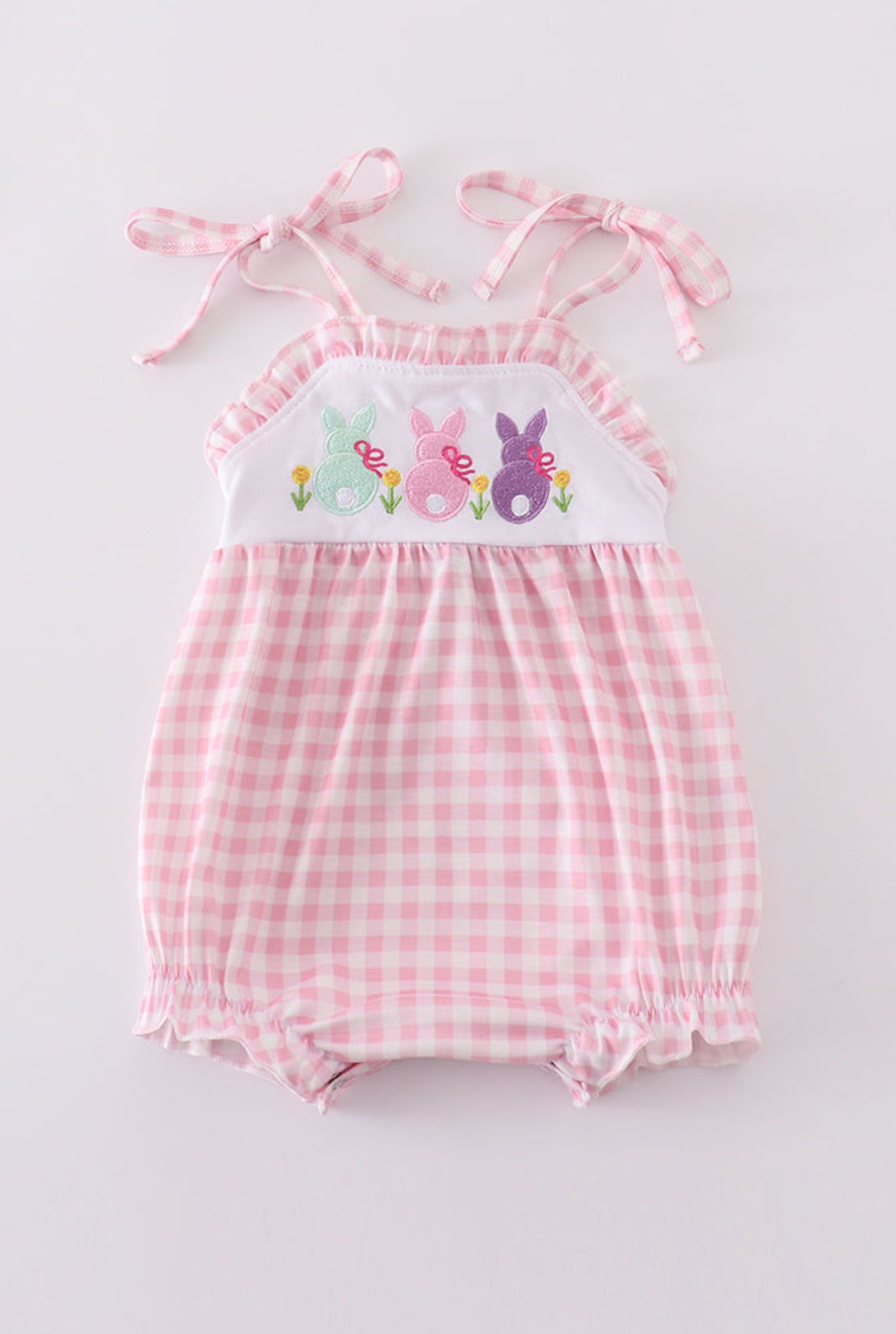 Girl’s Pink Bunny Embroidered Gingham Bubble