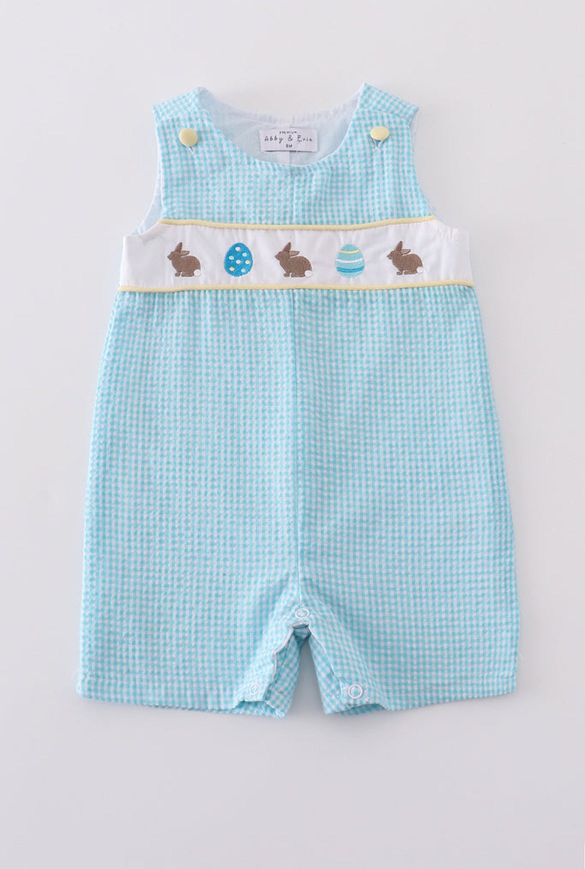 Boy’s Premium Mint Bunny Egg Embroidered Gingham Romper
