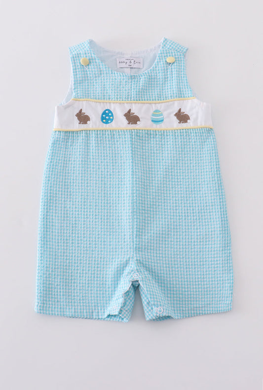 Boy’s Premium Mint Bunny Egg Embroidered Gingham Romper