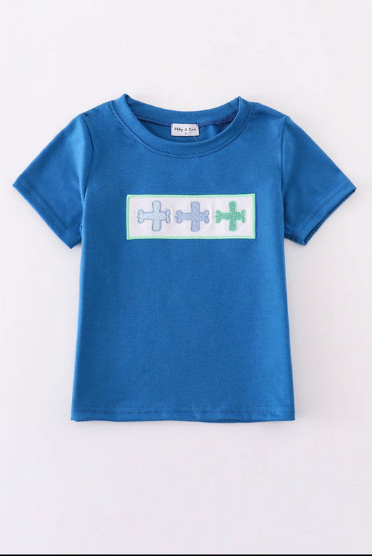 Blue Airplane Embroidery Boy’s Shirt