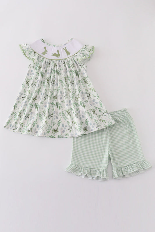 Girl’s Sage Leaf Bunny Embroidered Smocked Shorts Set