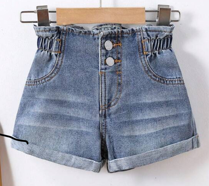 Girl’s High Waisted Light Wash Denim Shorts with Ruffled Waist