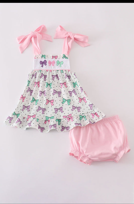 Pink Bow Embroidery Print Girl’s Bloomer Set