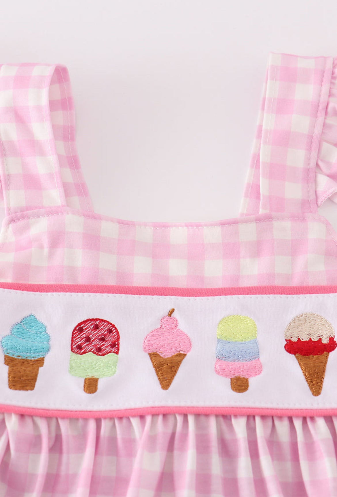 Girl’s Pink Ice Cream Embroidered Gingham Dress